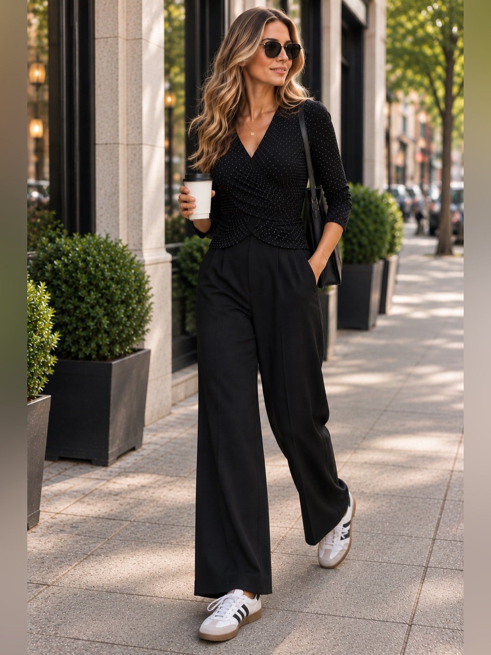 Joseph Ribkoff Black Polka Dot Ruched Jumpsuit Wide Leg, M (ptp 19-20”)